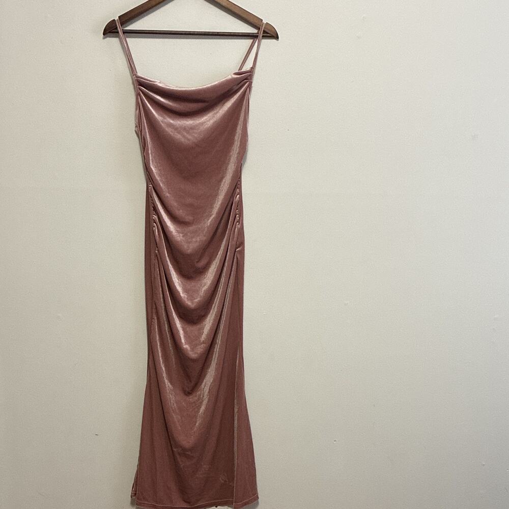 Women’s Pink Solid Maxi Slip Dress S Cowl Neck Ruched Strappy Stretch